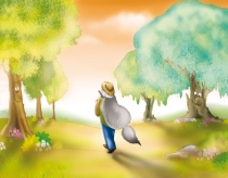 Le chasseur rentre chez lui, la dépouille du loup sur le dos...